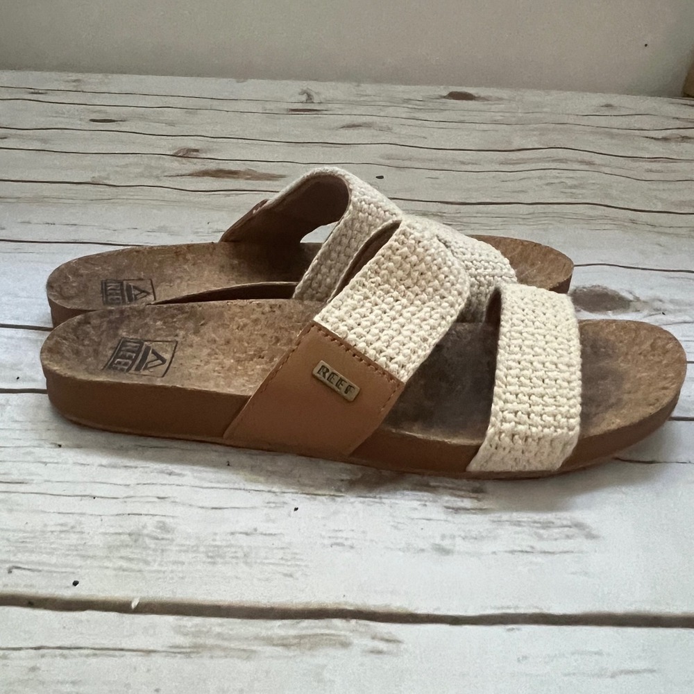 Reef Cushion Vista Slide Sandals Cream Woven Cork Footbed Womens 9